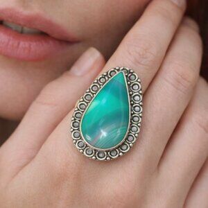 Vintage 925 Silver Green Banded Agate Statement Ring Boho Southwest Teardrop